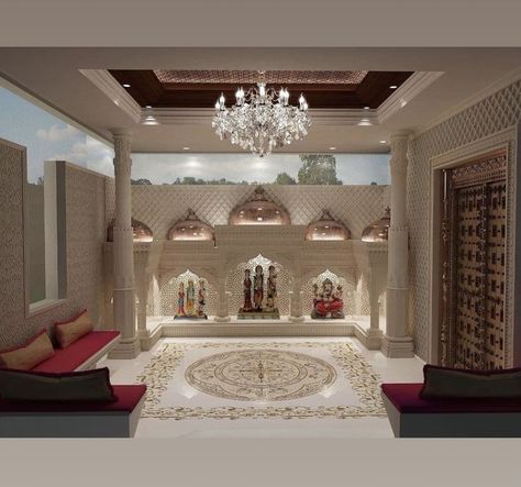 Mandir Luxury Design, Luxurious Temple Design For Home, Pooja Room Luxury, Temple Space In Home, Luxury Temple Design For Home, House Mandir Puja Room, Indian Home Mandir Design, Luxurious Mandir Design For Home, Luxury Puja Room