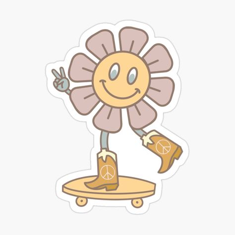 Get my art printed on awesome products. Support me at Redbubble #RBandME: https://www.redbubble.com/i/sticker/Violet-70s-retro-daisy-flower-on-skateboard-in-cowboy-boots-doing-peace-hand-sign-by-estellestephens/107956448.JCQM3?asc=u Peace Hand Sign, Colourful Stickers, Peace Hand, Retro Daisy, Sign Sticker, Hand Sign, Skateboard Design, Decorate Notebook, 70s Retro