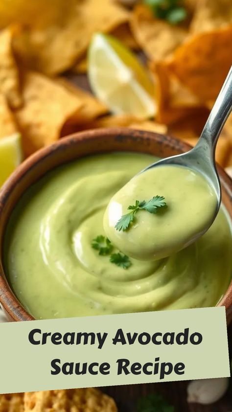 Whip up this creamy avocado sauce with ripe avocados, sour cream, and fresh herbs! Perfect for dipping or drizzling, it’s a vibrant addition to any meal! Avocado Sour Cream Sauce, Avocado Jalapeno Crema, Avocado Sauce Recipes, Avocado Sauce For Tacos, Poached Fish Recipes, Creamy Avocado Salsa, Avocado Sauce Recipe, Guacamole Sauce, Avocado Puree