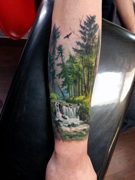 undefined Colored Forest Tattoo, Forest Sleeve Tattoo Women, Forest Scene Tattoo, Waterfall Tattoo, Wilderness Tattoo, Outdoor Tattoo, Christmas Tattoos, Jungle Pictures, Nature Tattoo Ideas