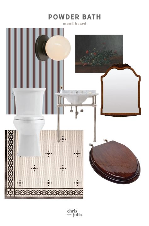 Our First Project: The Powder Bath!! Here's the Mood Board - Chris Loves Julia Custom Fronts, Bathroom Mood Board, Floor Inspiration, Wooden Toilet Seats, Ikea Pax Closet, Pax Closet, Wood Toilet, Powder Bathroom, Wood Toilet Seat