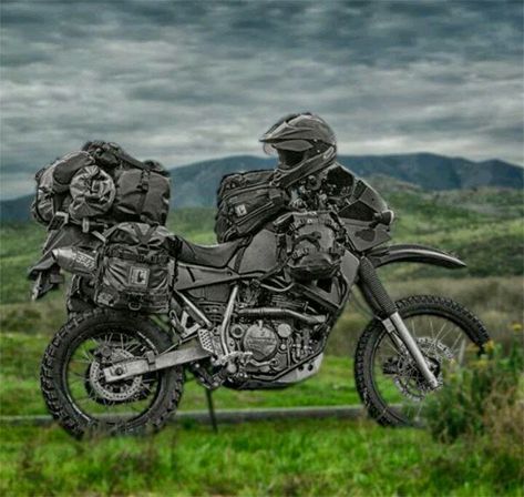 Mercenary: Murdered-Out KLR 650 #KLR650 #Mercenary #MercenaryGarage                                                                                                                            More Royal Bike, Sport Motorcycles, Soichiro Honda, Klr 650, Stunt Bike, Dual Sport Motorcycle, Velo Vintage, Bug Out Vehicle, Motorcycle Camping