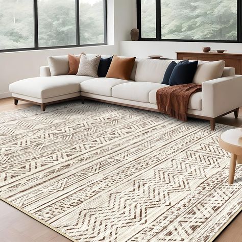 PRICES MAY VARY. Super Soft and Comfortable: EISUROM modern moroccan area rug provides a perfect surface that soothes tired feet and creates a cozy space for your kids and pets to rest and play. The low-pile design is perfect for high-traffic area. Non-slip & Water Repellent: Our 9x12 lightweight area rug uses a waterproof polyestrer material, along with a TPR rubber backing made from. We suggest using a carpet pad for better cling. Exquisite Home Decor: The cream and brown area rugs utilizes co Cozy Neutral Living Room, Grey Couch Living Room, Farmhouse Area Rugs, Washable Area Rug, Modern Moroccan, Living Room Scandinavian, Neutral Living Room, Scandinavian Living, Bedroom Modern