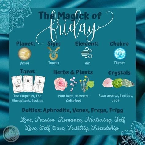 Friday Magickal Correspondences, Friday Correspondences, Friday Witchcraft, Friday Witch, Friday Magick, Friday Magic, Chakra Tarot, Magickal Correspondences, Music And The Brain