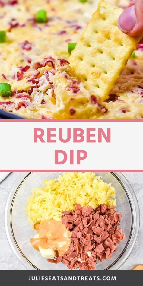 Quick and easy Reuben Dip is a creamy, cheesy baked dip that can also be made in your Crock Pot for the perfect party appetizer recipe. Tons of flavor from corned beef, sauerkraut and Swiss Cheese. With only 5 minutes of prep time this is a quick and easy recipe. #dip #recipe Rueben Dip Crock Pot, Ruben Dip, Rueben Dip, Hot Reuben Dip, Reuben Dip Recipe, Party Snacks Easy Appetizers, Reuben Dip, Dip Recipes Hot, Hot Dips