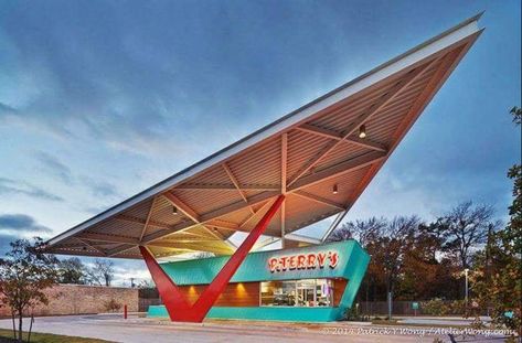 Googie Design, Spring Architecture, Diner Aesthetic, Googie Architecture, Midcentury Architecture, Atomic Ranch, Station Service, Streamline Moderne, Mid Century Architecture