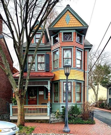 Retro House Exterior, Lambertville Nj, Victorian Exterior, Building Front, Draw Ideas, Sims Building, Orange House, Victorian Architecture, Cute House