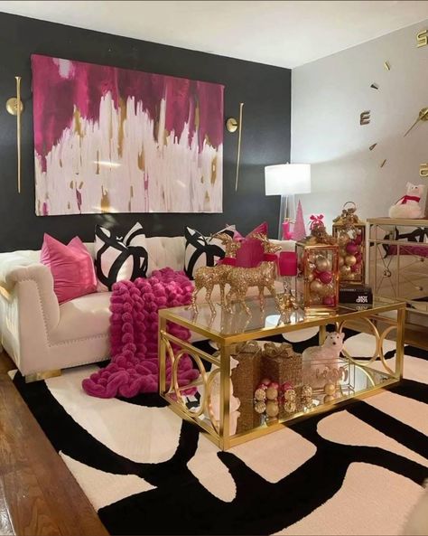 Black Gold Pink Living Room, Hot Pink Living Room Decor, Pink Livingroomideas, Pink And Grey Living Room Ideas, Cute Bedroom Sets, Black And Pink Living Room, Pink And Grey Living Room, Grey And Pink Living Room, Cute Living Room Decor