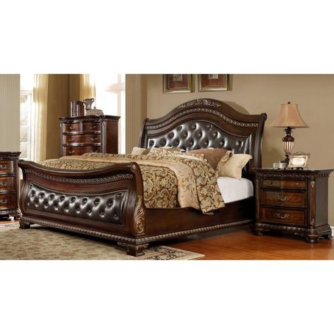 Leather Headboard Sleigh Queen Size Bedroom Set 5Pcs McFerran B9588 Cherry - Walmart.com Idea Bilik Tidur, Queen Sized Bedroom Sets, King Size Bedroom Sets, Queen Sleigh Bed, Spa Bed, Upholstered Sleigh Bed, Queen Sized Bedroom, New Classic Furniture, King Sized Bedroom