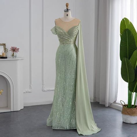 Evening Dress With Cape, Dress With Cape, Luxurious Dresses, Dubai Style, Dress With Shawl, Green Mermaid, One Shoulder Gown, Cape Sleeves, فستان سهرة