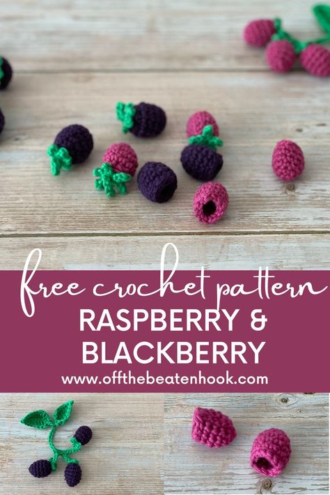 Realistic and charming, these little crochet berries will leave you dreaming of the real thing. This free raspberry and blackberry crochet pattern includes the method for crocheting these little juicy bits 3 different ways: picked drupelet without the stem, picked drupelet with the stem, and clusters of 3 still on the stem with leaves. Get the free, downloadable pattern here! Fruit Ideas, Fruit Crafts, Crochet Garden, Crochet Fruit, Crochet Leaves, Food Patterns, Crochet Food, Crochet Kitchen, Fun Crochet Projects