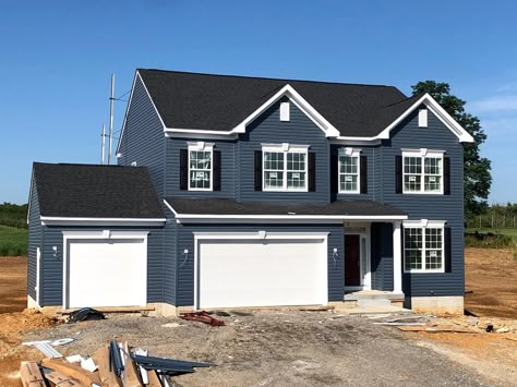 Dark Blue Gray House Exterior, Blue Black And White House Exterior, Blue House Shutters Colors, Black Roof Siding Colors, Dark Blue Outside House Paint, Blue House Roof Color, Dark Gray House With Black Shutters, Dark Blue Vinyl Siding House, Flat Front House Exterior