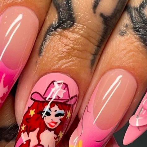 Groovy Nails by Bea 🌼 on Instagram: "PINK PONY CLUB 💖💓💘 @chappellroan portrait inspired by @sugarbones 💗  #nailart #nailsofinstagram #nailspo #naildesign #nailtech #explorepage #explore #longnails #detroitnails #ferndalenails #ferndale #detroit #michigannails #handpaintednails #apresgelx #apresnails #gelnails #gelxnails #airbrushnails" Letter G Nails, Dolly Parton Inspired Nails, Pink Pony Club Nails, Cowgirl Nails, Groovy Nails, Pink Pony Club, G Nails, Peach Nails, Airbrush Nails