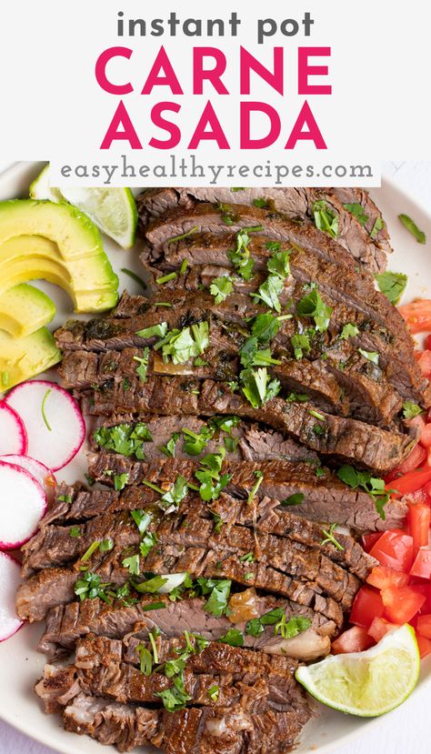 Instant Pot carne asada is one of my favorite ways to prepare a perfect flank steak. Easy and quick, this recipe is full of simple ingredients that give you incredible flavors. Use it as the protein in tacos, nachos, or carne asada fries, or enjoy it on its own with a few complementing sides. Instant Pot Carne Asada, Carne Asada Fries, Carne Asada Recipes, Skirt Steak Recipes, Flank Steak Recipes, Best Beef Recipes, Instant Pot Dinner Recipes, Skirt Steak, Flank Steak