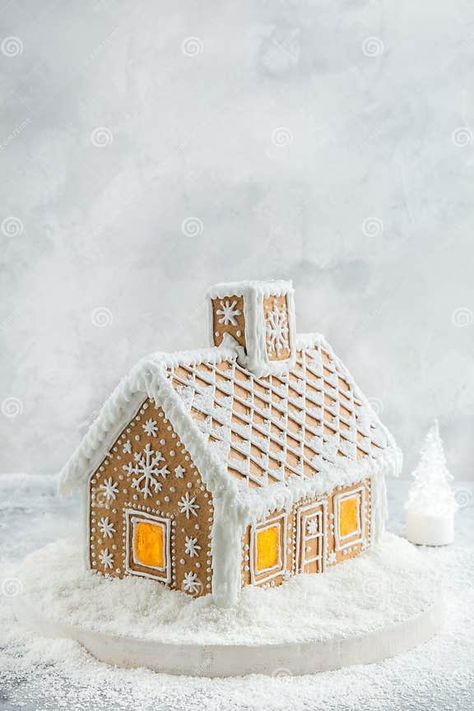 Beautiful Handmade Gingerbread House with Snow for Christmas and New Year, White Backround Stock Image - Image of glazed, dinner: 175634405 House With Snow, White Gingerbread House, Dinner Light, White Gingerbread, Homemade Gingerbread House, White Backround, Ginger Bread House Diy, Gingerbread House Designs, Gingerbread Diy