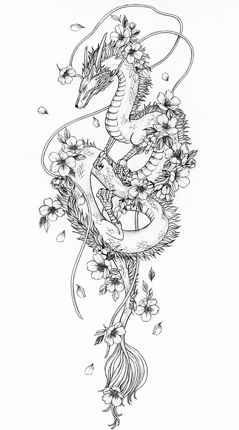 Chinese Dragon Sleeve Tattoo, Dragon Spine Tattoo For Women, Spine Dragon Tattoo, Cherry Blossom Dragon Tattoo, Spine Tattoo Dragon, Side Tattoos Women Ribs Unique, Dragon Tattoo With Flowers, Dragon Tattoo Back, Japanese Back Tattoo