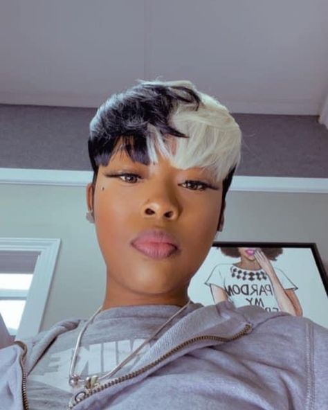 Two Toned Pixie Haircut, Color Block Pixie Hair, Winter Pixie Haircut, Color Pixie Hair Black Women, Black Girls Short Haircut, Quick Weave Mohawk Hairstyles, Quick Weave Mohawk, Blonde Pixie Cut On Black Women, Mushroom Haircut Black Women