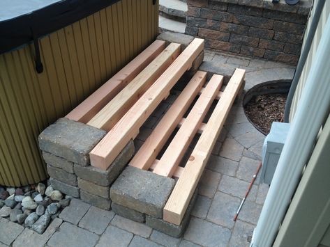 Patio block and wood (removable) steps Patio Repair, Above Ground Pool Steps, Hot Tub Steps, Patio Blocks, Patio Images, Cinder Block Garden, Diy Hot Tub, Patio Steps, Deck Steps