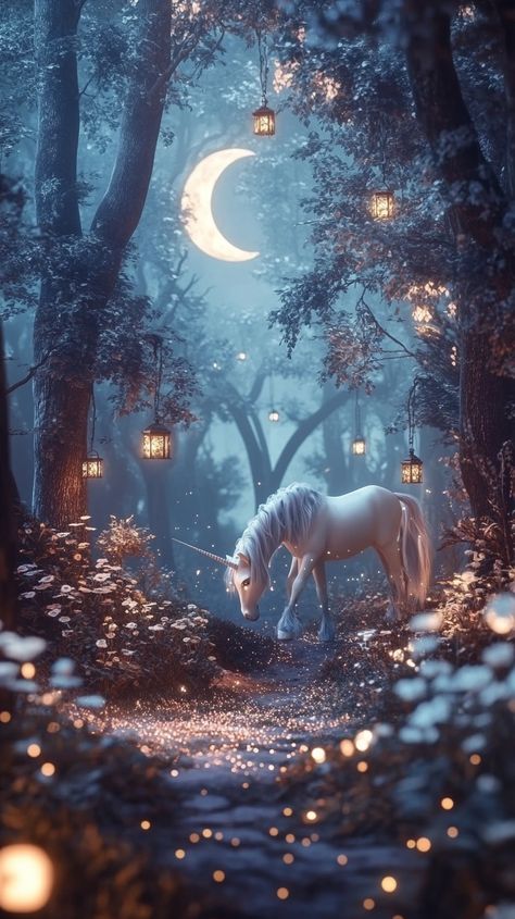 A dreamlike forest with floating lanterns and giant, whimsical flowers, bathed in the glow of a crescent moon, where silver-haired unicorns graze on stardust. Silver Magic Aesthetic, Full Moon Aesthetic, Unicorn Aesthetic, Fantasy Settings, Unicorn Wedding, Whimsical Flowers, Floating Lanterns, Wedding Concept, Unicorn Pictures