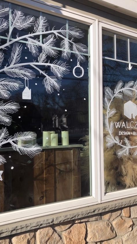 🌲❄️ Fully in the holiday spirit with these new windows for @walczak_design_build in Ipswich! And isn’t that pro hack with the Q-tip… | Instagram Sydney Sage, Xmas Windows, Winter Window Display, Diy Christmas Door Decorations, Christmas Food Crafts, Painted Window Art, Window Paintings, Diy Christmas Door, Christmas Window Painting