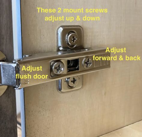 How To Adjust Kitchen Cabinet Hinges Flush Cabinet Doors, Remove Cabinet Doors, Types Of Hinges, Cupboard Hinges, Kitchen Cabinet Hinges, Kitchen Cabinets Hinges, Wood Cabinet Doors, Clean Kitchen Cabinets, Soft Close Drawer Slides