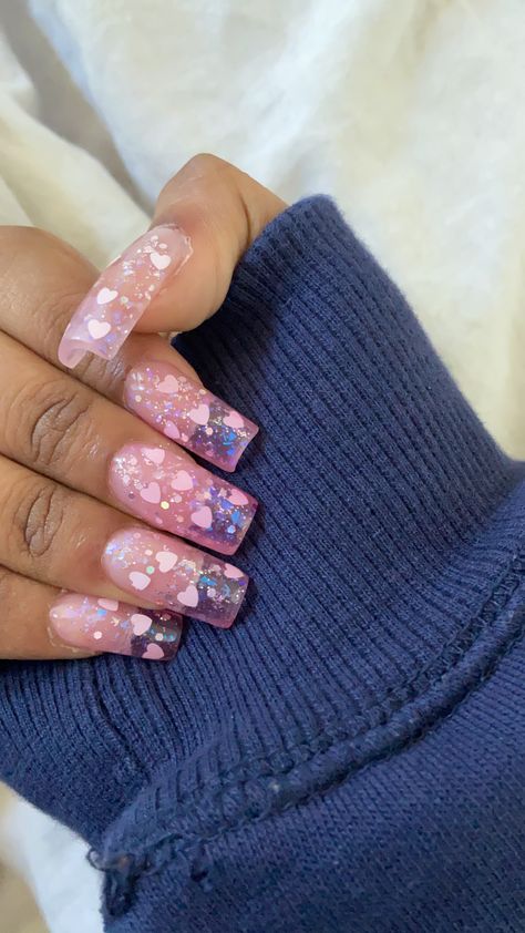 Holographic Heart Nails, Purple Hearts Nails, Conversation Hearts Nails, Jelly Heart Nails, Soft Nails Ideas, Jelly Color Nails, Jelly Glitter Nails, Heart Glitter Nails, Jelly Acrylic Nails