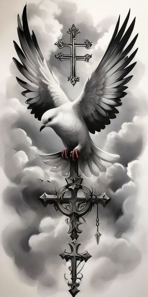 Dove In Clouds Tattoos, Dove Clouds Tattoo, Dove And Clouds Tattoo Design, Doves Tattoo Design, Realistic Dove Tattoo, Old Clock Tattoo, Doves Tattoo, Cloud Tattoo Design, Memorial Tattoo Ideas