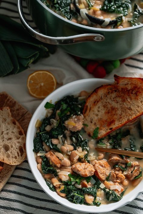 Recipe With Swiss Chard, Miso Beans, Beans And Greens Recipe, Wandering Chickpea, White Bean And Sausage Soup, White Bean And Sausage, Holistic Food, Bean And Sausage Soup, Beans And Greens