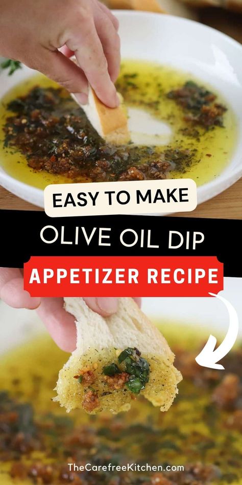 This restaurant style Olive Oil Dip for Bread is a simple appetizer that is always a hit. It’s made with sauteed garlic, fresh herbs, Parmesan cheese, and high quality extra virgin olive oil and tastes delicious with a slice of crusty bread, pita, or crostini. #thecarefreekitchen #appetizer #dip #oliveoil #italian #breaddippingoil #oilbreaddip Oil Dip For Bread, Garlic Dipping Oil, Dip For Bread, Bread Dipping Sauce, Olive Oil Bread Dip, Oil Bread Dip, Bread Dipping Oil Recipe, Dipping Oil Recipe, Olive Oil Dip For Bread