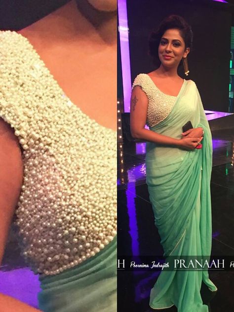 Pranaah statement pearl sari or saree blouse. Indian fashion. Emerald Green Prom Dresses, Latest Saree Blouse Designs, Emerald Green Prom, Women In Dubai, Abaya For Women, Moroccan Kaftan Dress, Green Prom Dresses, Latest Saree Blouse, Emerald Green Prom Dress