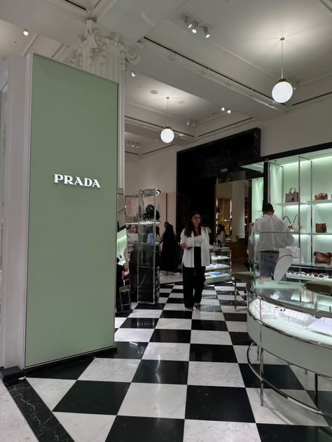 Prada in London black and white flooring prada brand brada green selfridges London aesthetic black and white squares selfridges london ldn uk london city of london travel trip Selfridges Aesthetic, Selfridges Aesthetic London, Luxury London Aesthetic, London White Aesthetic, National Gallery London Aesthetic, London Stores Aesthetic, Black And White Flooring, Selfridges London, Aesthetic London