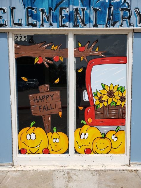 Fall Painting On Windows, Cute Fall Window Paintings, Fall Painted Window Ideas, Fall Window Painting Ideas For Classroom, Turkey Window Painting, Fall Mural Ideas, Fall Window Art Painting, Thanksgiving Window Painting Ideas, Fall Window Painting Store Fronts