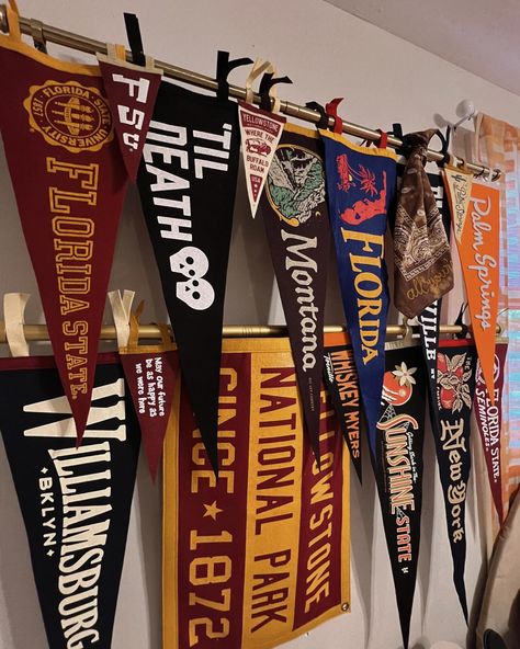 i spy a few axn fsu pennants 🔎 we’ve been collecting pennants on our travels but my favorites will always be the collegiate ones 💛 Flag Display Ideas, Palm Springs Florida, College Pennants, Whiskey Myers, National Parks Usa, 2025 Vision, I Spy, Florida State, My Favorites