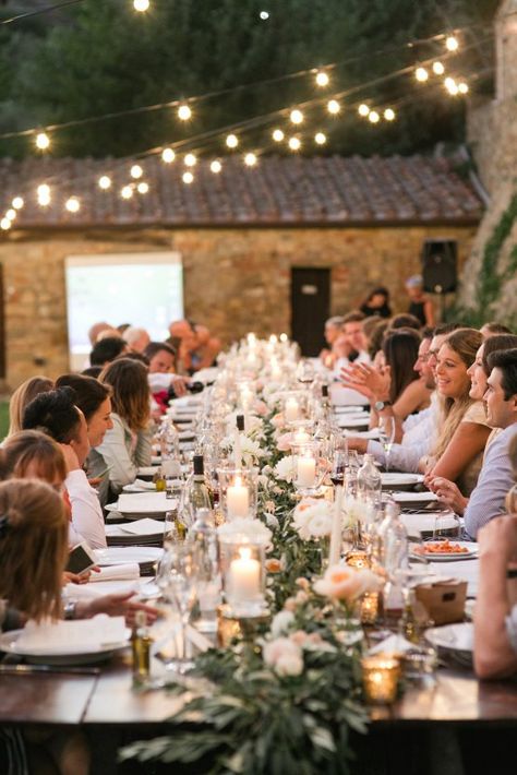 Intimate Al Fresco Wedding In A Tuscan Vineyard | Roberta Facchini - A long, shared, family style farm table with draped eucalyptus and roses Tuscan Wedding Theme, Rustic Italian Wedding, Alfresco Wedding, Tuscan Inspired Wedding, Tuscan Inspired, Rustic Italian, Tuscan Wedding, Tuscany Wedding, Long Table