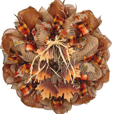 Beautiful, handmade, premium Autumn Wreath. Shimmering, wood, maple leaves dangle from a natural straw bow. Tiny bells are attached to decorate the bow. This accent rests on a bed of natural deco mesh and is surrounded by plaid harvest ribbons and beautiful canvas fall leaves ribbons. The exterior ring is made of metallic copper deco mesh. Natural burlap ribbons and colorful Fall leaves ribbon surround the outer ring. The size is 24 inch diameter and 6 inch depth. Indoor/Outdoor Perfect for Sept Fall Ribbon Wreath, Burlap Ribbon Wreaths, Making Mesh Wreaths, Fall Mesh Wreaths, Fall Deco Mesh Wreath, Fall Decor Wreaths, Fall Deco Mesh, Mesh Wreath Diy, Door Wreaths Diy