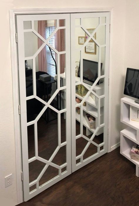 Transform your mirrored doors with O'verlays! Standard, and custom sizes, available!!  #myoverlays #chip #overlays #homedecor #decor #decorative #fretwork #mirror #mirrors #mirrored #door #doors #customize #transform Mirrored Linen Closet Doors, Mirror Door Update, Mirror Door Ideas, Mirrored Doors Makeover, Ceiling Fretwork, Mirror Door Makeover, Mirror Closet Door Makeover, Office Closet Storage, How To Update Sliding Closet Doors