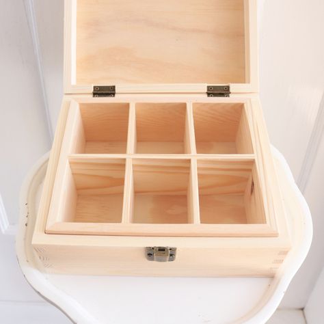 These small compartment boxes are a beautiful way to store any precious mementos, sewing + craft items, accessories, even as a ⌚ box - the options are endless. Ideas Con Madera, Tea Box Storage, Tea Bag Storage, Tea Jewelry, Wooden Tea Box, Tea Bag Organizer, Gifts Box, Tea Storage, Box Diy