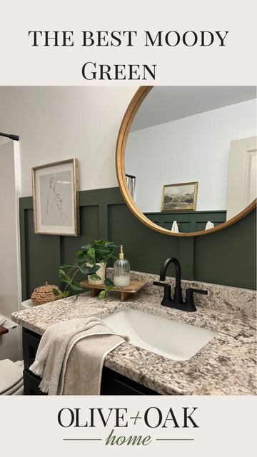 Samantha Farmer on Instagram: "This moody green is literal perfection. The shade is Ben Moore “backwoods” and it’s what gave this bathroom the perfect amount of moodiness and color. Where will you use this color at? #diy #bathroomdesign #bathroomideas #diybathroom #moodybathroom #greenbathroom" Grey Powder Room, Green Powder Room, Green Bathroom Paint, Vanity In Bathroom, Moody Bathroom, Moody Green, Green Bathroom Decor, Green Vanity, Oak Bathroom