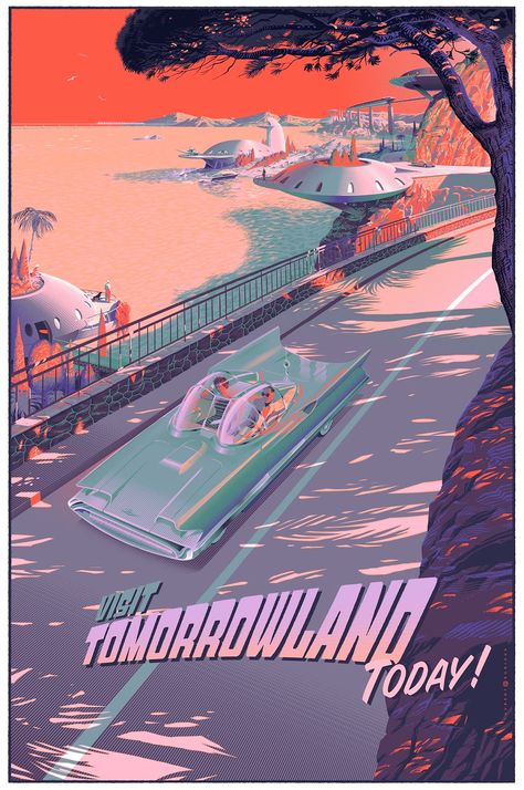 'Visit Tomorrowland Today!' by Laurent Durieux Poster Advertising, Disney Posters, Futuristic Art, Science Fiction Art, Retro Futuristic, Ex Libris, Retro Futurism, Dieselpunk, Sci Fi Art