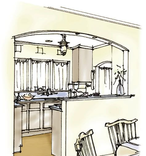 When you can't add on or bump out, open the kitchen to adjacent spaces and keep the layout simple Half Walls, Small Space Kitchen, Small Kitchens, Kitchen Remodeling Projects, Kitchen Decorating, Trendy Kitchen, Kitchen Remodel Ideas, Room Remodeling, Kitchen Redo