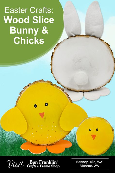 You'll find so much sweetness in our newest Easter craft projects; wood slice bunny and chicks! Once you make one, you won't be able to stop! Invite the kids to join you. They'll love the results. #BenFranklinCrafts #craft #EasterCrafts #DIY #DIYBunny Easter Craft Projects, Crafting Inspiration, Wood Slice Crafts, Ben Franklin, Easter Craft, Wood Slices, Spring Crafts, Frame Shop, Easter Decorations