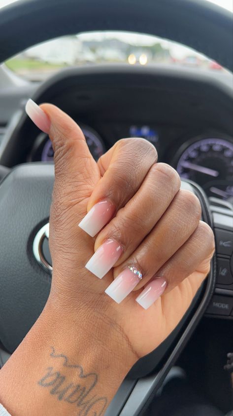 Short pink and white ombré set with diamonds Gel Toe Nails, Acrylic Toe Nails, Ombre Acrylic Nails, Colored Acrylic Nails, Girly Acrylic Nails, Fall Acrylic Nails, Short Square Acrylic Nails, Unique Acrylic Nails, Long Square Acrylic Nails