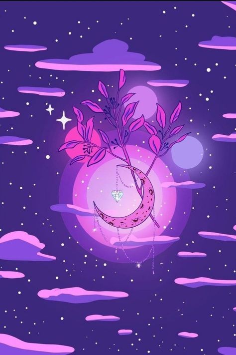 Purple themed night starry sky filled with violet tinted clouds with a moon growing plants. Instagram A, The Moon, Moon, Stars, Purple