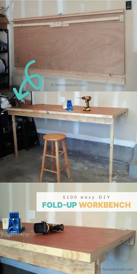 Diy Folding Workbench, Diy Drop Down Table, Diy Fold Down Table, Wall Table Diy, Diy Wall Mounted Desk, Folding Table Diy, Fold Up Desk, Mounted Folding Table, Small Workbench