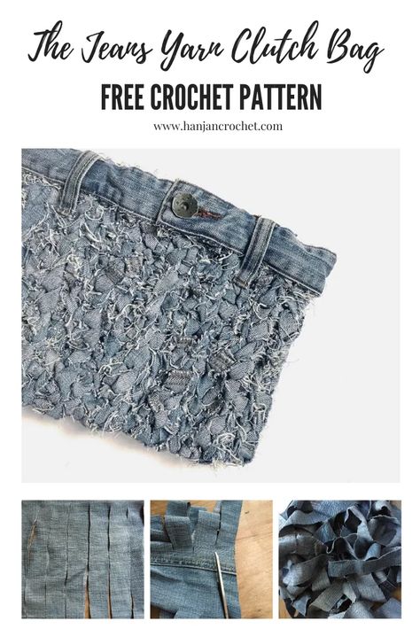 Jeans Yarn Clutch Bag – how to make jeans yarn and crochet with it too – HanJan Crochet Denim Yarn, How To Make Jeans, Denim Clutch Bags, Yarn Tutorials, Nails Tools, Recycled Jeans Bag, Denim Clutch, Simply Crochet, Diy Jeans