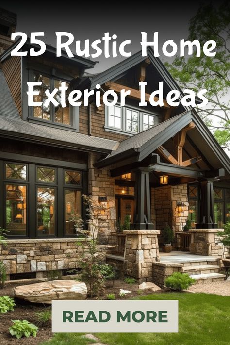 Discover 25 stunning rustic home exterior ideas that will transform your house into a cozy retreat. From charming wooden accents to beautiful stone facades, find inspiration to enhance the exterior of your home and create a warm and welcoming ambiance. Whether you love the look of a classic farmhouse or prefer a more modern rustic style, these ideas are sure to spark your creativity and elevate your curb appeal. Explore different materials, colors, and architectural details to bring character an Hardie And Stone Exterior, Stone Homes Exterior Rustic, Exterior Rustic Paint Colors For House, Exterior House Materials Combinations, Dark Wood Exterior House, Mixed Materials House Exterior, Brick Styles Exterior, Stone Facing Exterior House, Painted Stone Exterior Before And After