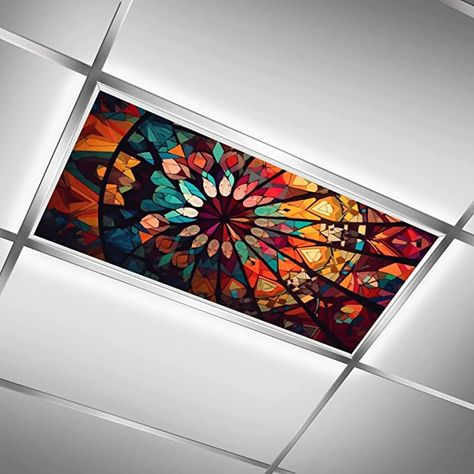 Amazon.com: Colorful Stained Glass Window Mesh Leaves - Fluorescent Light Covers - 2x4 Drop Ceiling Fluorescent Decorative Ceiling Light Cover Skylight Film Filter : Tools & Home Improvement How To Cover Skylights Ceilings, Florescent Light Cover, Drop Ceiling Designs, Stained Glass Ceiling Light, Fluorescent Light Cover, Film Filter, Skylight Covering, Stained Glass Ceiling, Fluorescent Light Covers