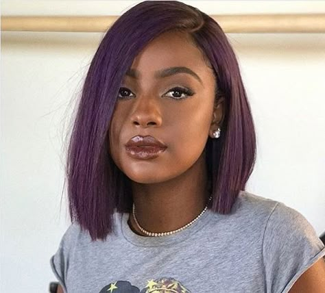 Justine skye, bob, bobcut, black women, colored hair, short hairstyles, purple hair, makeup, lace front, frontal, wigs, weave, melanin, straight hair Bob Hairstyles Wigs, Gray Hair Spray, Black Women Lace Front Wigs, Straight Bob Hairstyles, Brazilian Hair Extensions, Aveda Hair, Brazilian Straight Human Hair, Hairstyles Wigs, Justine Skye