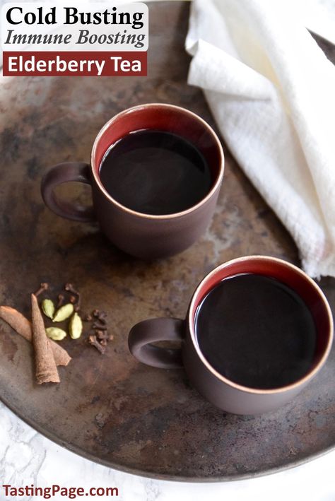 Immune Boosting Elderberry Tea — Tasting Page Elderberry Health Benefits, Elderberry Benefits, Elderberry Tea, Elderberry Recipes, Eating Vegan, Mocktail Recipes, Tasty Drinks, Elderberry Syrup, Chai Spice