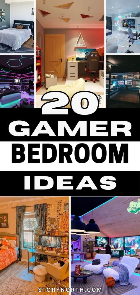 Save this pin for expert tips on creating a dream gamer bedroom! Elevate your space with these inspiring ideas and transform your room into a gaming paradise. #GamerBedroom #HomeDecorIdeas #InteriorDesignTips Aesthetic Gamer Bedroom, Cool Room Designs For Teenagers, Gaming Corner Setup, Playstation Gaming Setup, Boys Gamer Room Bedroom Ideas, Gaming Room Set Up, Spare Bedroom Game Room Ideas, Gaming Room For Boys, Cozy Gamer Bedroom